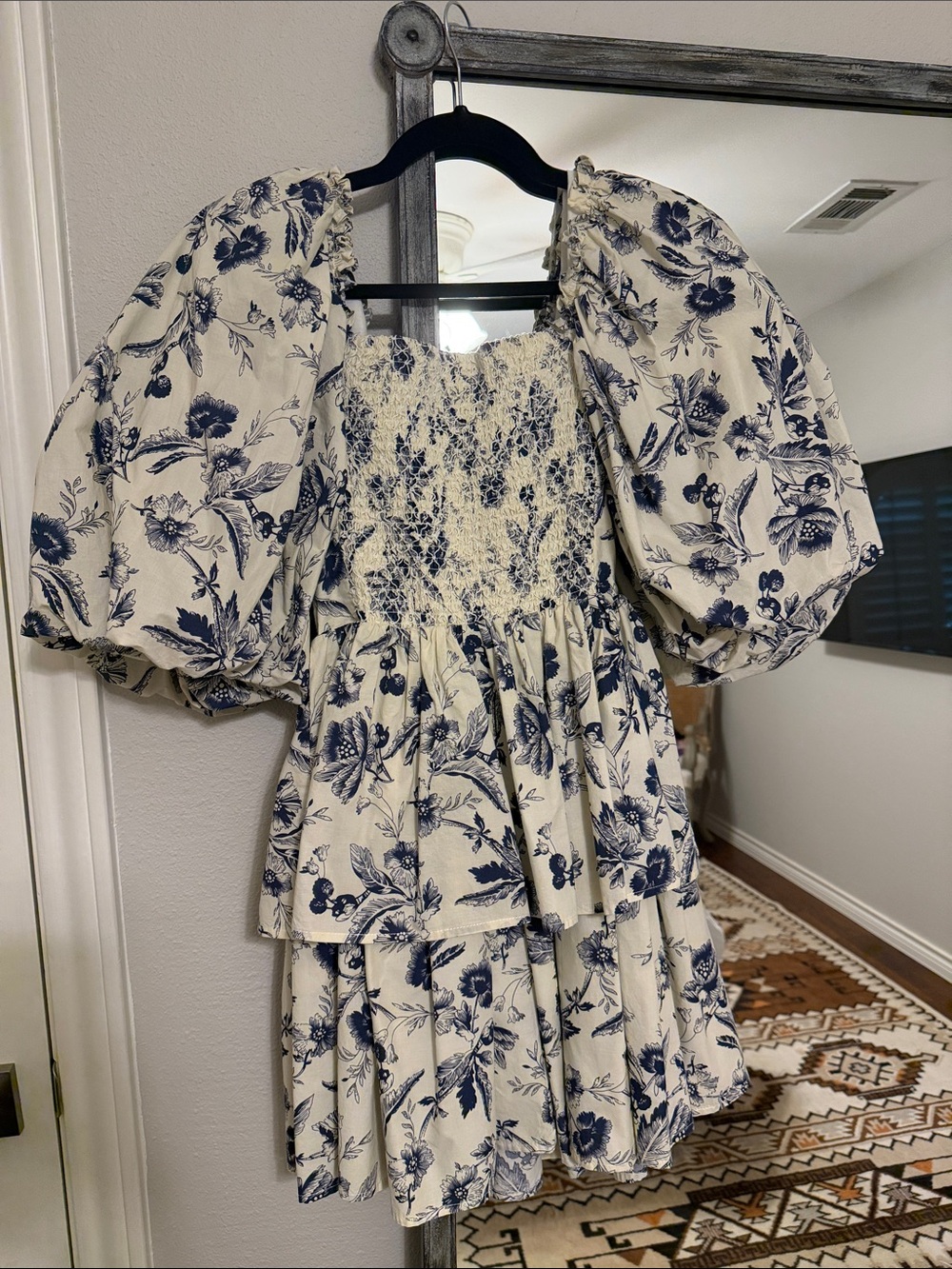 Smocked Mini Dress with Blue Floral Print